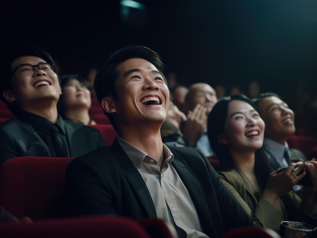 Group of cheerful asian people laughing while watching movie in cinema