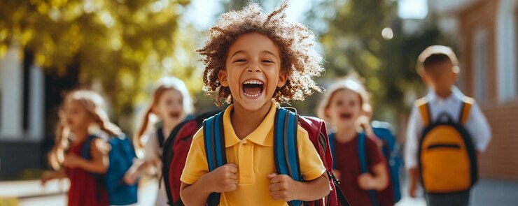 Photo group of cheerful children running to school