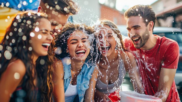 Group of cheerful friends having fun washing a car with soap and water on a sunny day