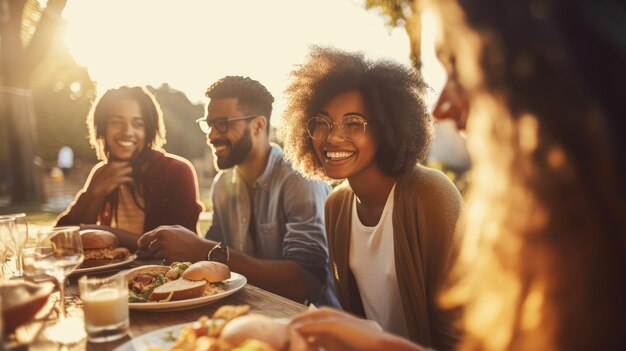 group of cheerful friends having outdoor breakfast