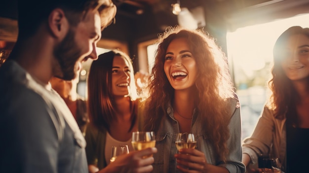 Group of cheerful friends having wine at party