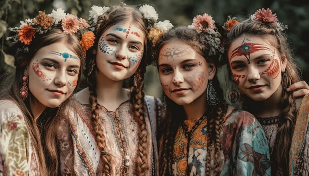 A group of cheerful girls in colorful costumes enjoying Halloween generative AI