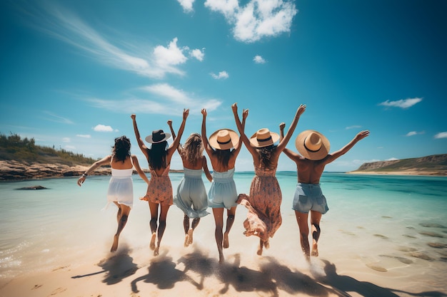 해변 여름 컨셉에서 즐거운 시간을 보내는 쾌활한 행복한 젊은 여성 친구 그룹 Ai 생성