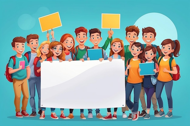 Group of cheerful student holding a banner adcartoon vector illustration