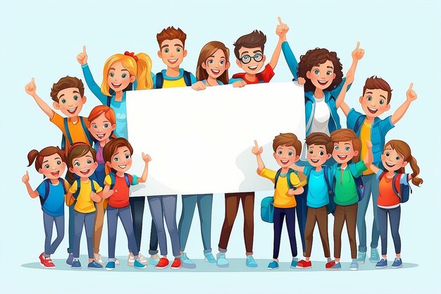 Group of cheerful student holding a banner adcartoon vector illustration