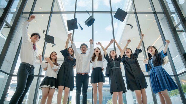 Photo group of cheerful student throwing graduation hats in the air celebrating