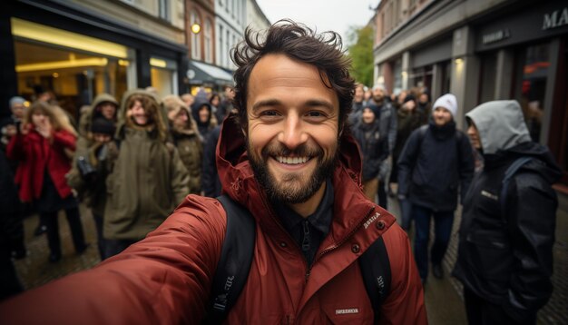 Foto un gruppo di giovani adulti allegri che camminano all'aperto sorridendo generati dall'intelligenza artificiale