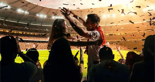 Group of cheering fans watch a sport championship on stadium Their team wins and everybody are celebrating this event People are dressed in casual cloth