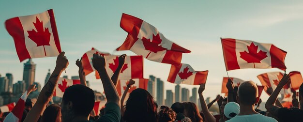 Photo group of cheering people with canadian flags in the city panorama