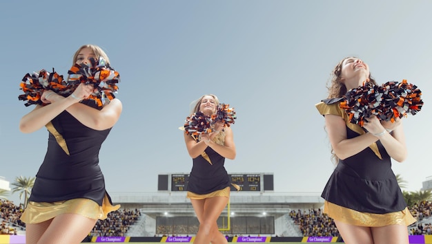 Photo group of cheerleaders in action on stadium