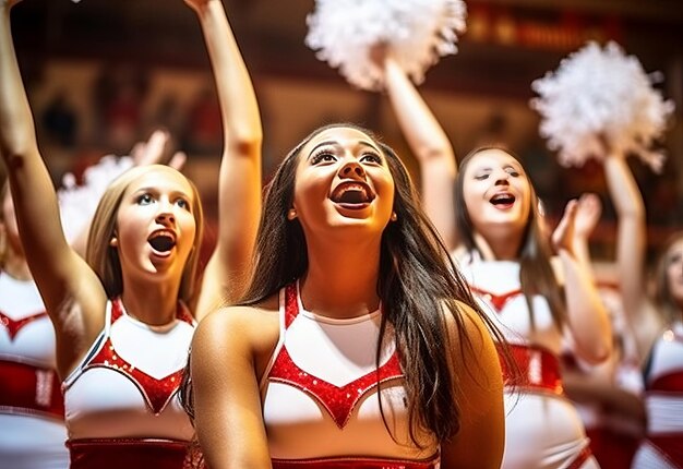 Photo group of cheerleaders performing