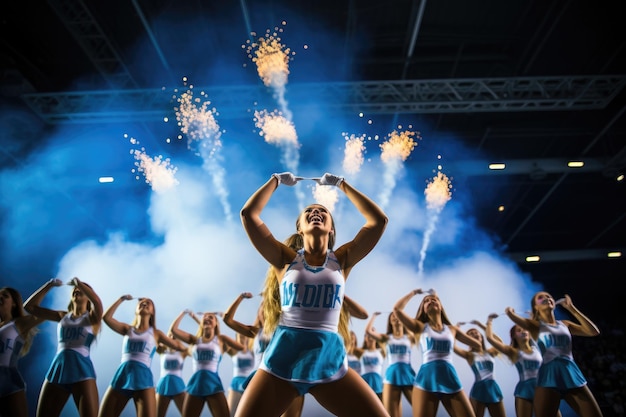 A group of cheerleaders stand proudly before an audience at a lively group event cheerleaders performing during a halftime show ai generated