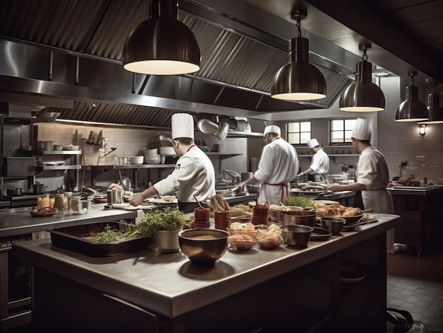 A group of chefs are cooking in a kitchen with a picture of a chef on the right.