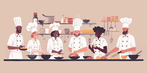 A group of chefs are working together in a kitchen Scene is cheerful and collaborative