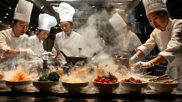 A group of chefs in a commercial kitchen are preparing food They are wearing white chef coats and hats There is steam rising from the pots and pans