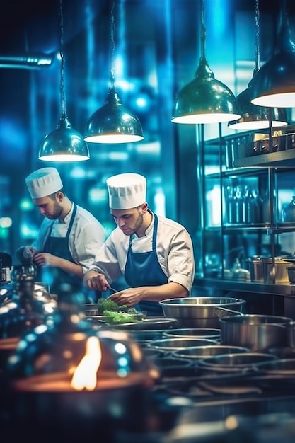 Photo a group of chefs preparing food in a kitchen generative ai image