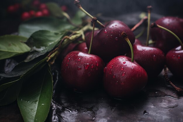 A group of cherries with water drops on them