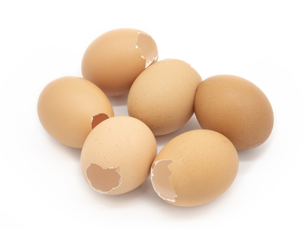 Group of chicken eggshells broken on a white background.