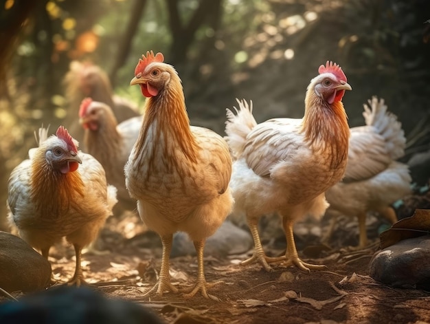 Group of Chicken in natural habitat generative AI