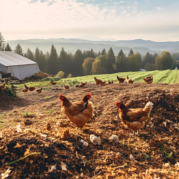 A group of chickens are in a field with a white tent in the background.