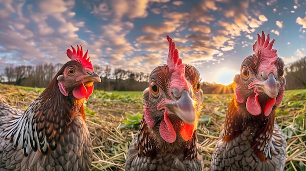 A group of chickens is walking across a field moving together in a cohesive manner