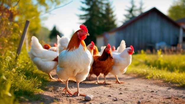 Группа цыплят возле фермы на солнце смотрит на камеру Generative Ai