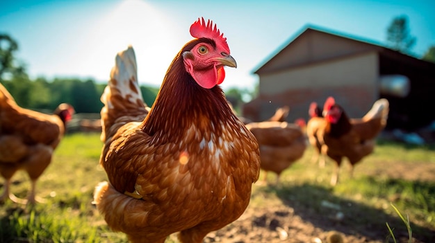 A group of chickens near the farm in the sun looks at the camera Generative Ai