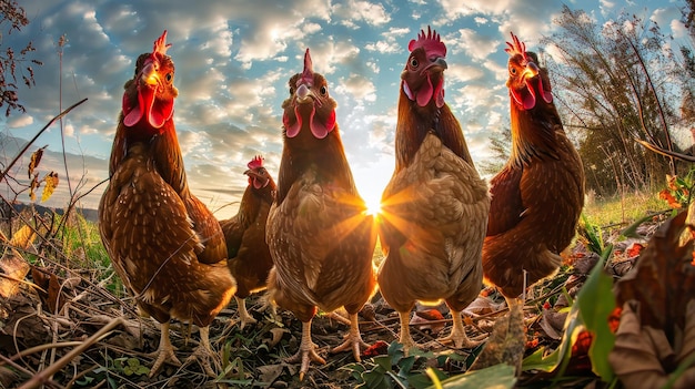 A group of chickens standing on top of a dry grass field