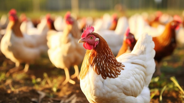 a group of chickens standing on top of a grass covered field