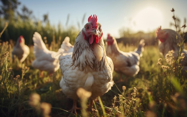 A group of chickens standing on top of a lush green field AI