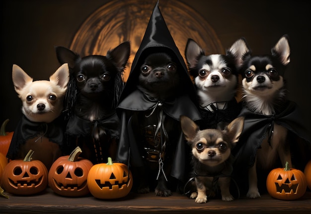 group of chihuahua dogs in halloween costumes on dark background