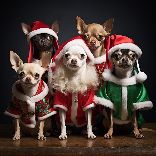 Photo a group of chihuahuas dressed as santas elves