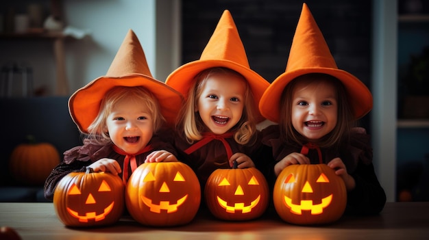 Group of child girls in witch costumes for Halloween with pumpkin lantern at home