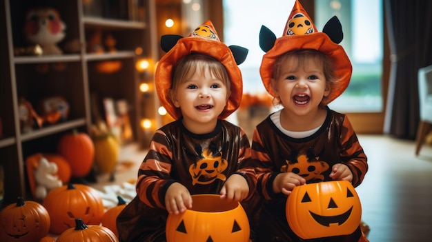 Group of child girls in witch costumes for Halloween with pumpkin lantern at home