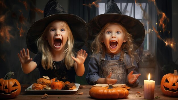 Group of child girls in witch costumes for Halloween with pumpkin lantern at home