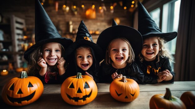 Group of child girls in witch costumes for Halloween with pumpkin lantern at home