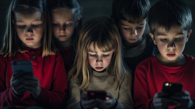 Photo group of children addicted to mobile phones gambling addiction closed personality kid psychological dependence socialization