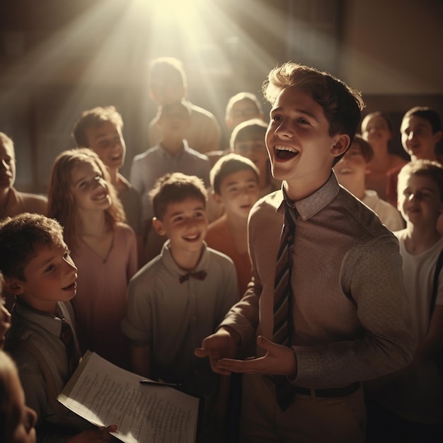 a group of children are in a classroom with a man in a tie and a group of children in front of them.