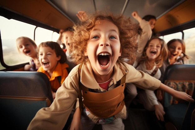 バスの中で子供たちのグループが笑い合っている。
