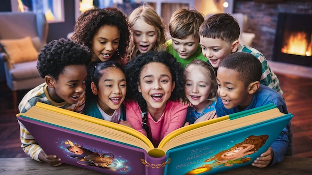 Photo a group of children are looking at a book that says quot the word quot