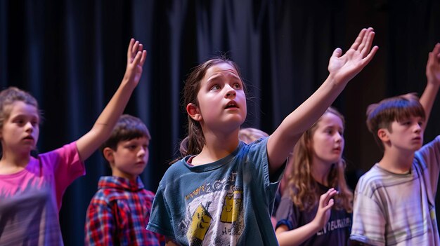 Photo a group of children are performing on stage they are all looking up at something or someone the children are wearing casual clothes