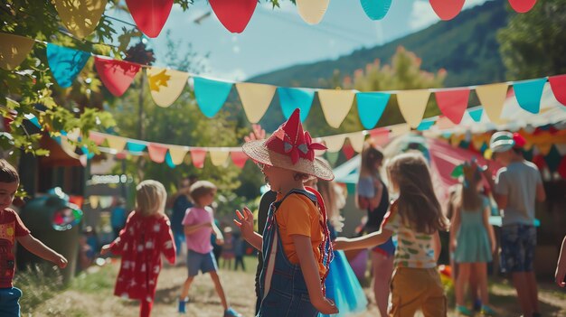 Photo a group of children are playing at a birthday party they are wearing colorful clothes and there are balloons and streamers everywhere