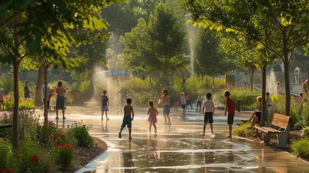 Photo a group of children are playing in a fountain in a park aig