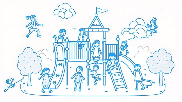 A group of children are playing on a playground The playground has a variety of equipment including a slide a swing set and a climbing wall