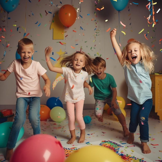 A group of children are playing in a room with confetti on the floor.