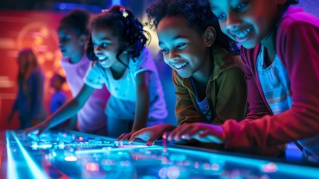 Foto un gruppo di bambini sta giocando con una mostra interattiva in un museo. sono tutti sorridenti e si divertono.