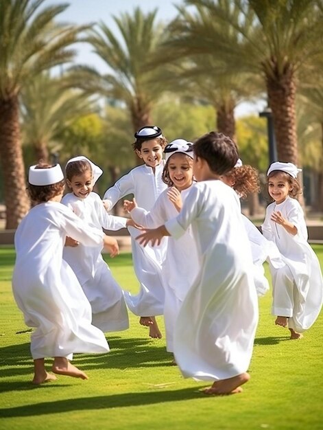 a group of children are running on the grass