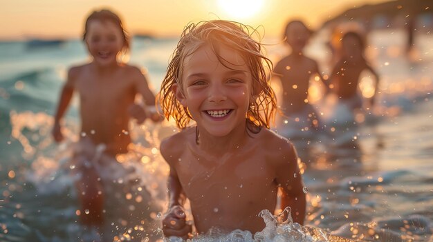 夕暮れの海で子供たちのグループが走っている