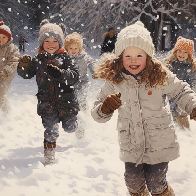 Группа детей бежит по снегу. Один из них носит зимнее пальто.