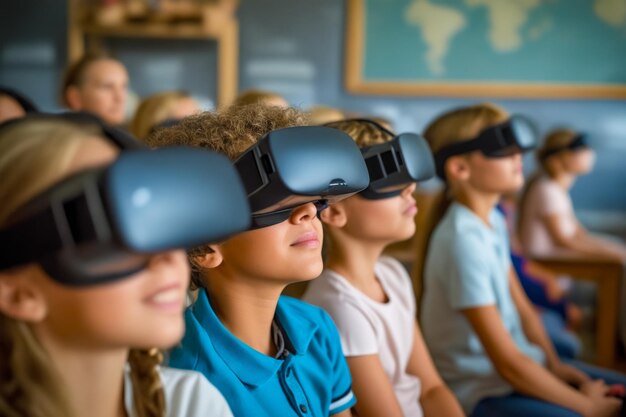 Foto un gruppo di bambini è seduto in classe indossando cuffie di realtà virtuale oculus